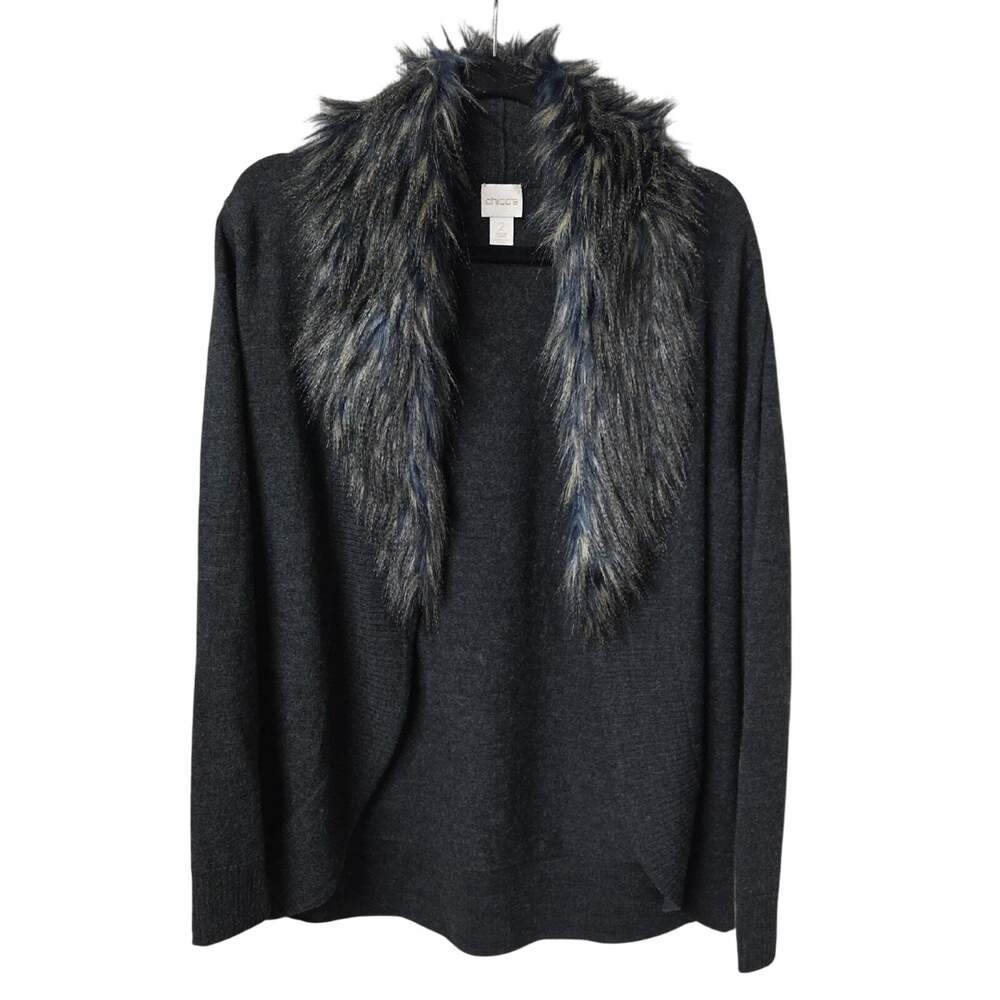 Chico's Elise Wool Open Cardigan Sweater With Faux Fur Shawl Collar Womens Large
